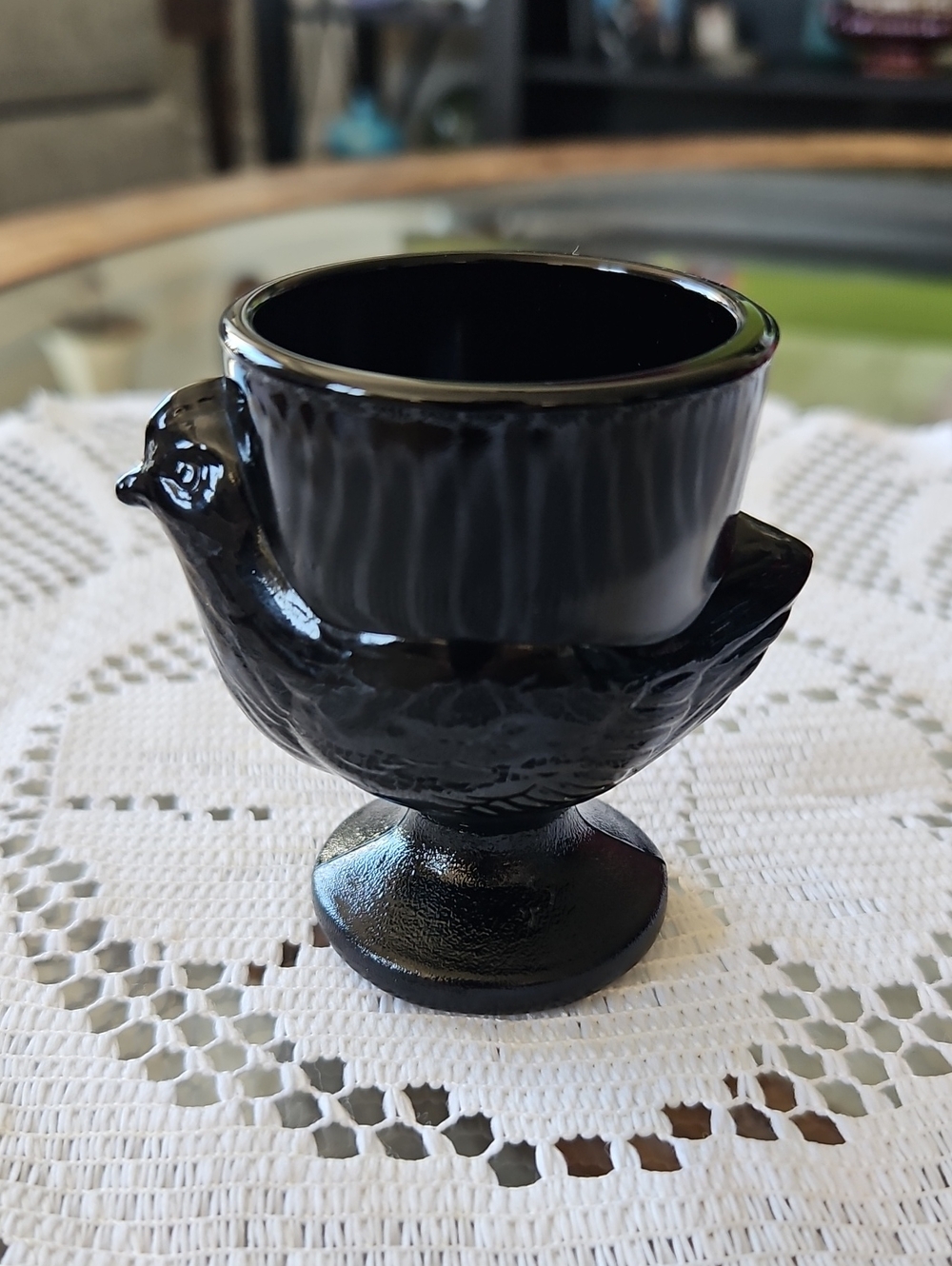 Vintage Luminarc Black Glass Chicken Egg Cup - Made in France